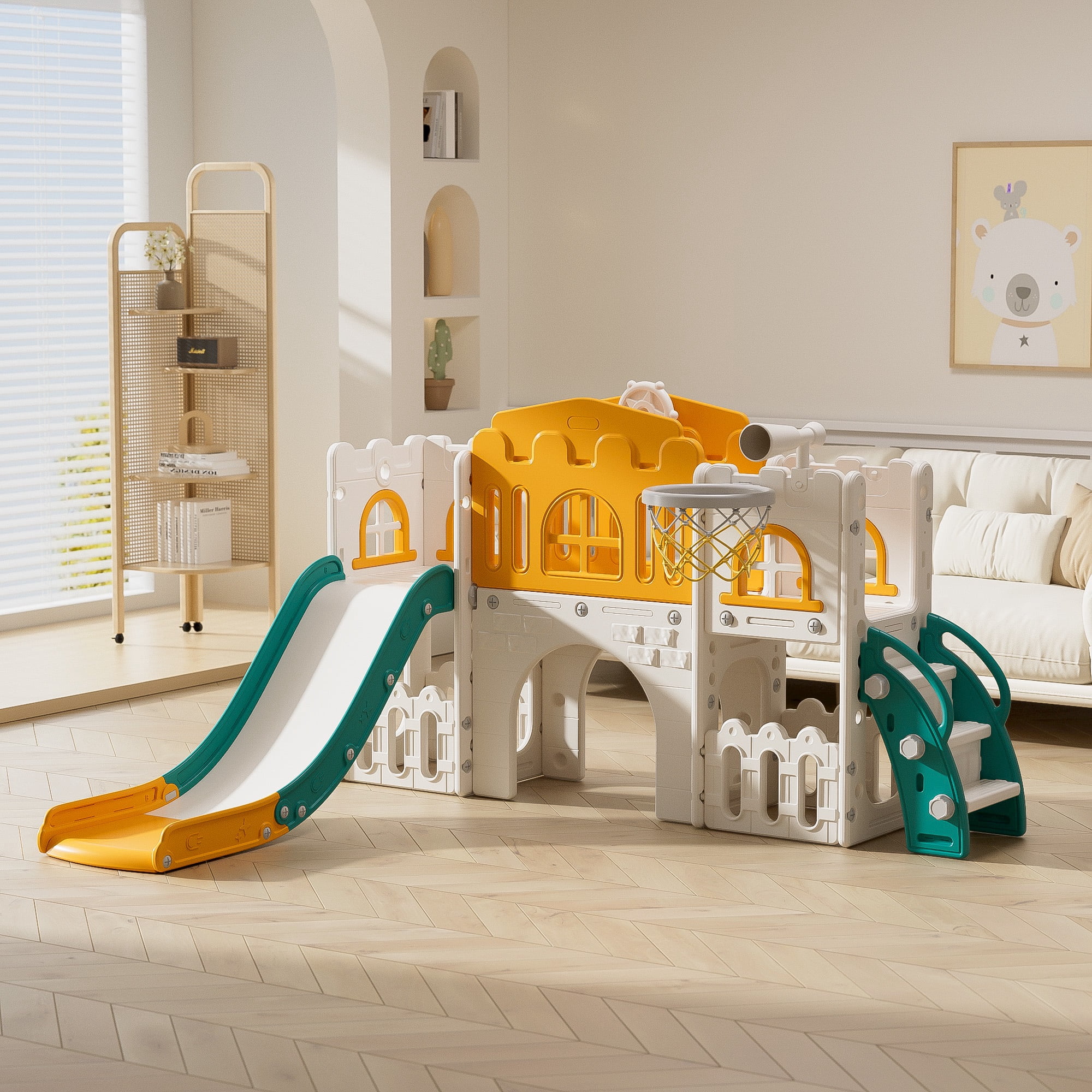 8 in 1 Toddler Slide Indoor Playground, Indoor Slide Toddler Playset for Toddlers 1-3, Kids Outdoor Playground with Slide, Basketball Hoop, Climber, Crawling Tunnel, Telescope, Toy Storage