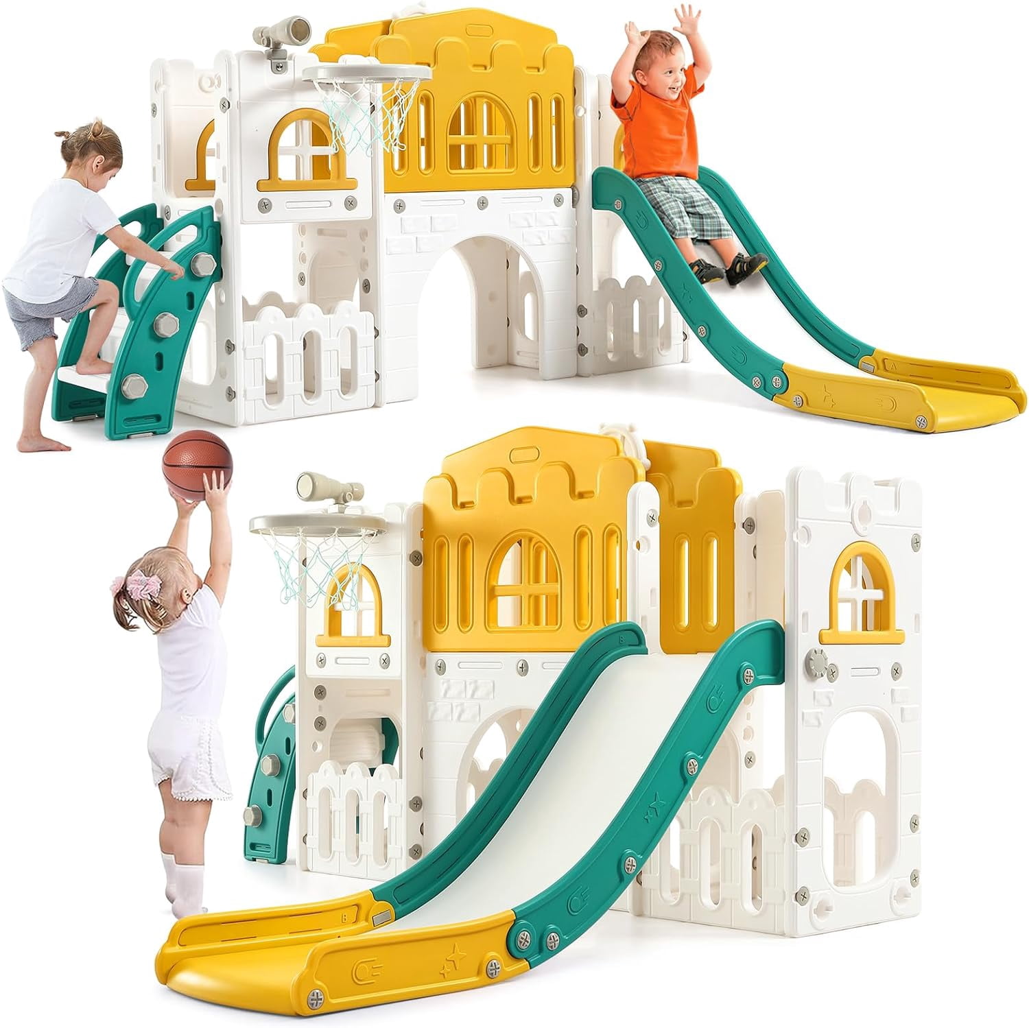 8 in 1 Toddler Slide Indoor Playground, Indoor Slide Toddler Playset for Toddlers 1-3, Kids Outdoor Playground with Slide, Basketball Hoop, Climber, Crawling Tunnel, Telescope, Yellow & Green