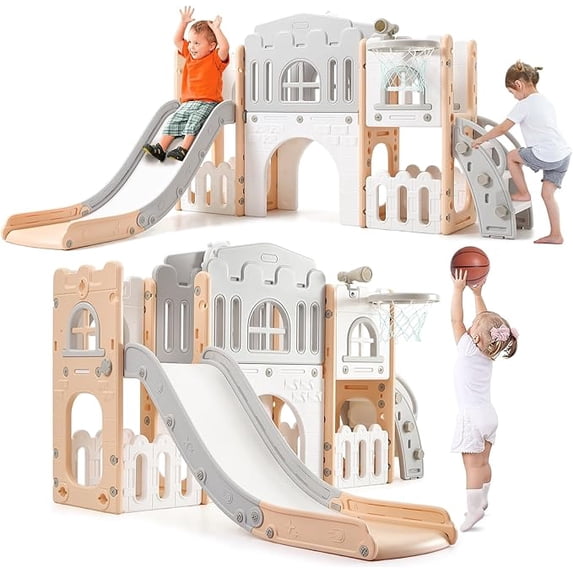 8 in 1 Toddler Slide Indoor Playground, Indoor Slide Toddler Playset for Toddlers 4+, Kids Outdoor Playground with Basketball Hoop, Climber, Crawling Tunnel, Telescope, Toy Storage(Pink+Grey)