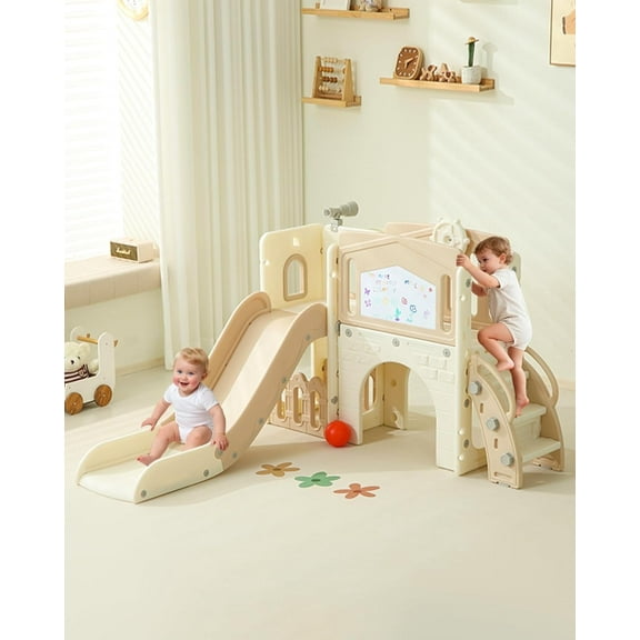 8 in 1 Toddler Slide,Kid Slide for Toddlers Age 1-3 with Drawing Board,Basketball Hoop,Telescope and Steeringwheel,Baby Climber Toddler Playground, Indoor Outdoor Playset Brown & White