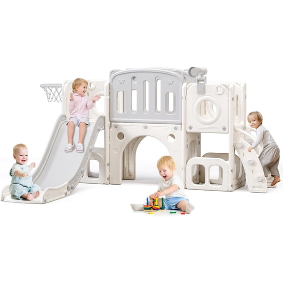 8 in 1 Toddler Slide,Kids Climber Slide with Storage Space and Non-Slip Steps,Indoor Outdoor Playset with Basketball Hoopa and Telescope,Slide for Toddlers Age 1-8
