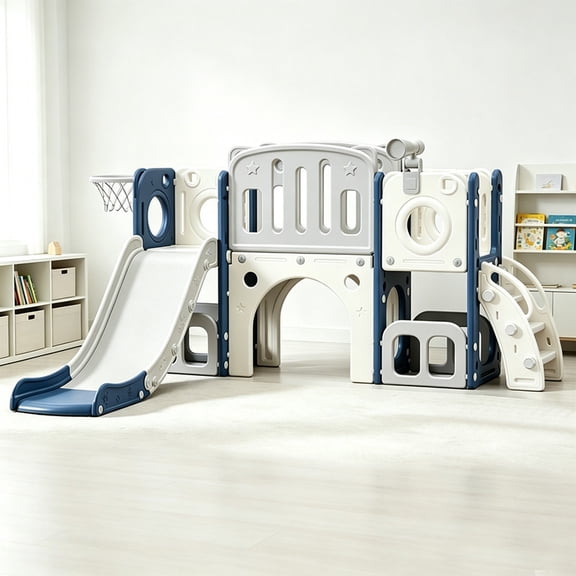 8 in 1 Toddler Slide Set, Kids Slide for Toddlers, Toddler Climber Slide PlaySet with Basketball Hoop,Outdoor Indoor Playground for Toddlers Upgraded(Blue)
