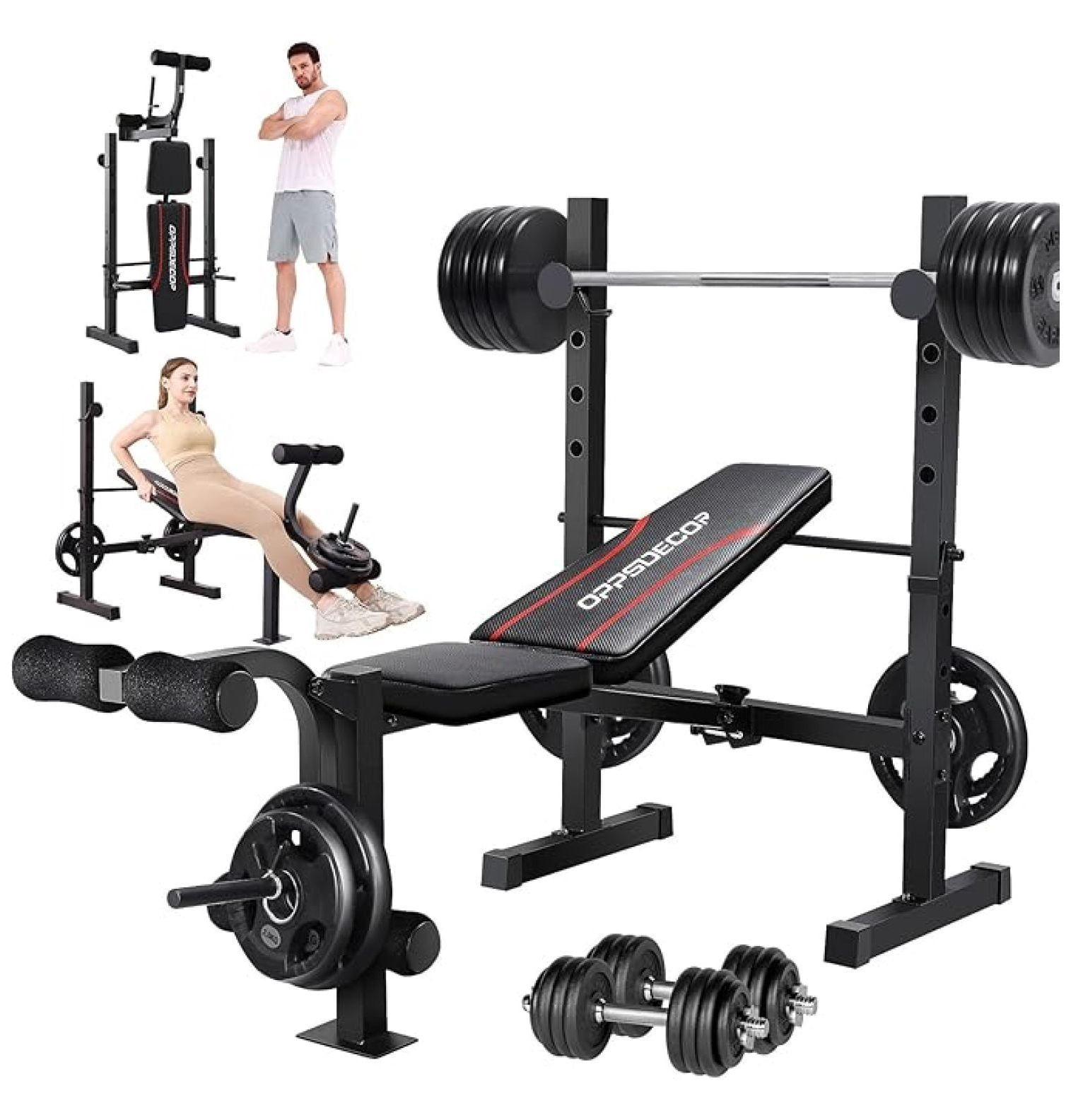 8 in 1 Weight Set, Adjustable Press with Squat Rack Leg Extension & Leg Foldable Workout with Safety Bar Catches Standard Weight Training Benches for Home Gym
