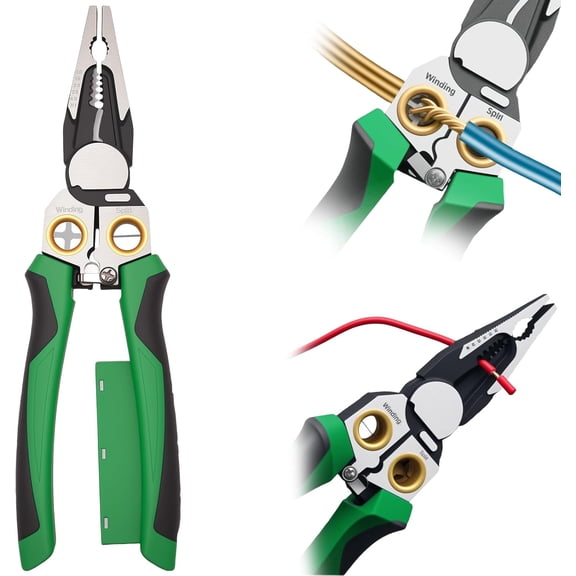 8 In 1 Wire Stripper with Voltage Tester,Compact Portable Electrician Multitool,Electric Pliers with Alarm & Flash Detects 12V-220V AC/DC(Non-Rectified Dc) for Strip,Cut,Crimp,Split,Wrap,Pull(Green)