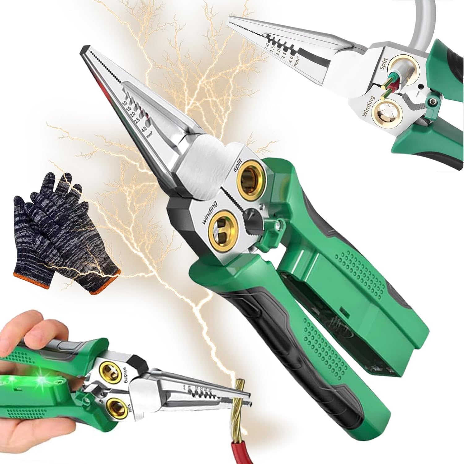 Pince Multifonction 8-en-1 électricien - Dénude, Cintre, Teste Tension 12-250V, Verte Neuve