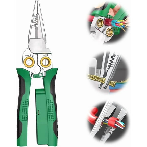 8 In 1 Wire Stripping Pliers, 2025 Upgraded Electrician Tool, Multi-purpose Wire Crimper with Voltage Detector & Dual Alarms, Durable Voltage Detector for Automotive Repair (Green)