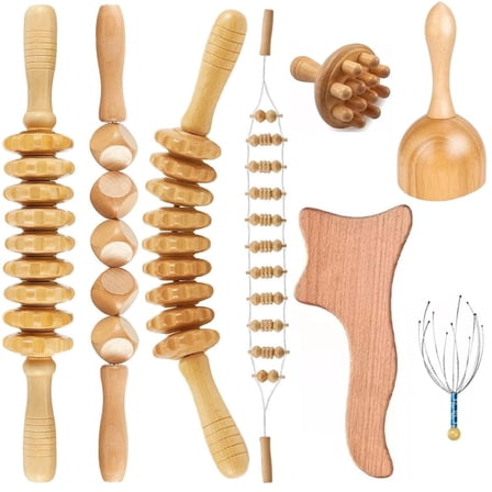 8 in 1 Wood Therapy Massage Tools, Wood Therapy Set,  Wooden Gua Sha Tools, Wooden Massager Roller Rope With Multiple Pressure Points, For Relief And Relaxation Body Shaping Anti Cellulite