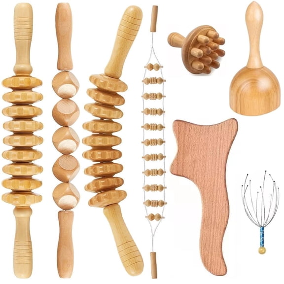8 in 1 Wood Therapy Massage Tools, Wood Therapy Set, Wooden Gua Sha Tools, Wooden Massager Roller Rope With Multiple Pressure Points, For Relief And Relaxation Body Shaping Anti Cellulite