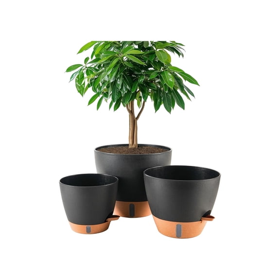 8/10/12 Inch Self Watering Plant Pots Set of 3, Black Planters with Drainage Holes