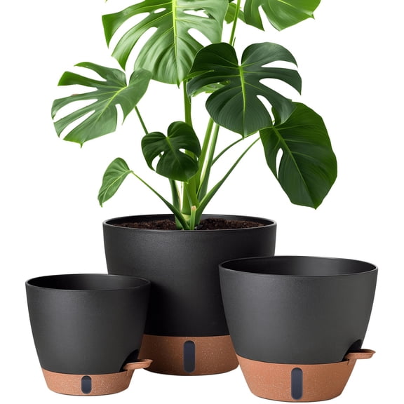 8/10/12 Inch Self Watering Pots for Indoor/Outdoor Plants - Large Plastic Planter with Drainage Holes, Water Level Indicator & Deep Reservoir, Modern Decorative Flower Pots (Black)