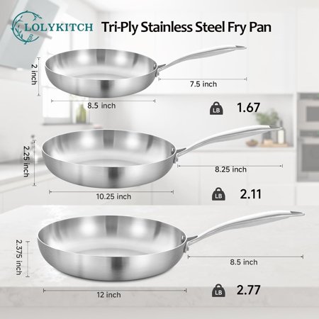 Tri-Ply Stainless Steel Frying Pan Set, 3-Piece (8+10+12 Inch) Stainless Steel Cookware, Induction Compatible Skillets for All Stovetops, Dishwasher Safe Pans