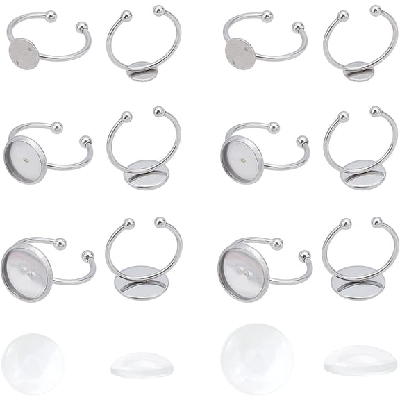 8/10/12mm Tray Cuff Finger Rings 18 Sets Stainless Steel Bezel Rings with Half Round Glass Cabochons Size 7 Finger Rings Components