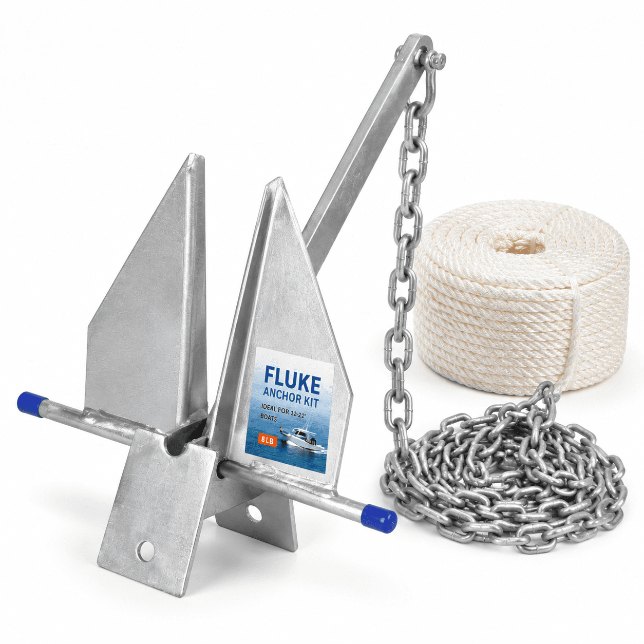 8/10/13 Lb Fluke Anchor Kit With 100 Ft Nylon Rope Chain And Shackles ...