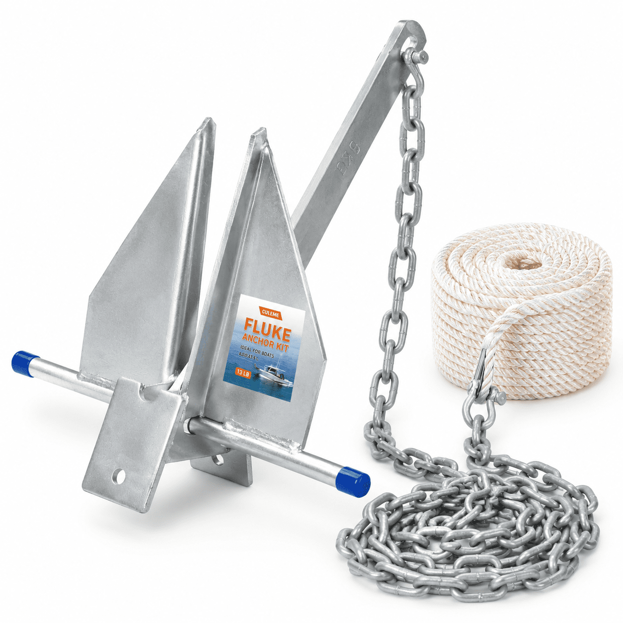 8/10/13 Lb Fluke Anchor Kit With 100 Ft Nylon Rope Chain And Shackles ...