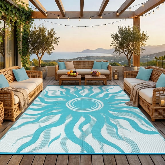 8*10/9*12ft Outdoor Rug Waterproof Reversible, Plastic Straw Patio Rug for Camping RV, Modern Sun Geometric Pattern, Large Lightweight Portable Mat for Backyard Deck Beach Picnic