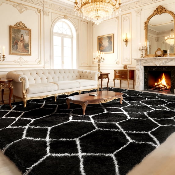 8'*10' Area Rug, Soft Fluffy Area Rugs for Living Room Bedroom Geometric Carpet, Gray & Black