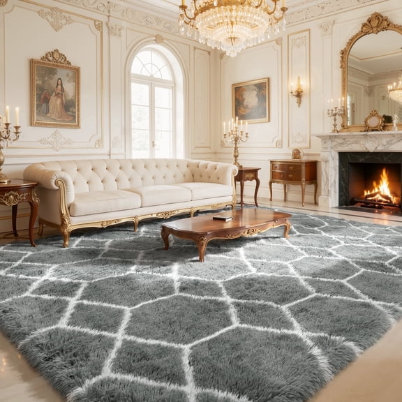 8'*10' Area Rug, Soft Fluffy Area Rugs for Living Room Bedroom Geometric Carpet, Gray & Black