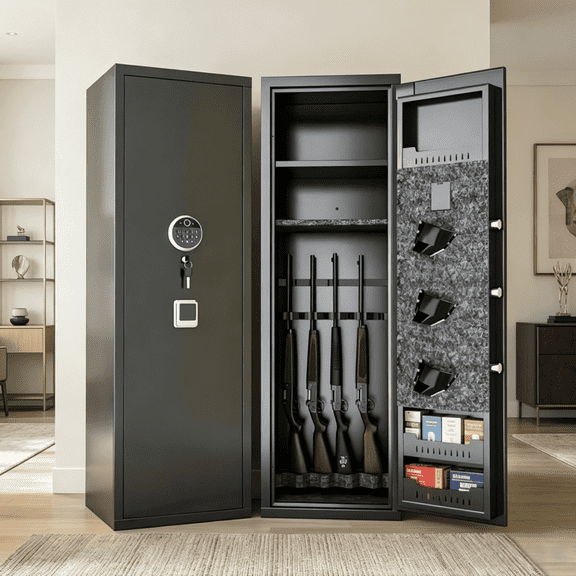 8-10 Firearm Organizer Safe,Heavy Duty Heat-Resistant Biometric Lock Cabinet,Wall Fixed Design,Quick Daily Access for Rifles (51.97×11.81×13.78 inch)
