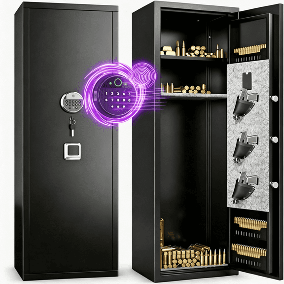 8-10 Gun Safe,Rifle Safe With Biometric Gun Safe, Large No-Assembly Rifle Safe,Heat-Resistant Heavy Duty Gun Safes for Home Defense with Adjustable Shelves, Black (13.78×11.81×51.97 inch)