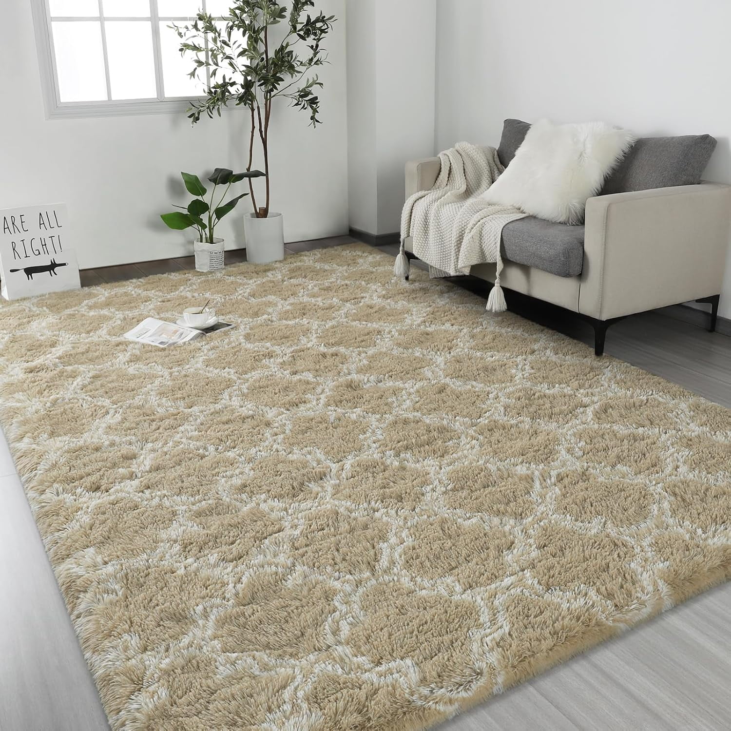 8×10 Large Shag Area Rugs for Bedroom, Beige Living Room Rug Super Soft ...