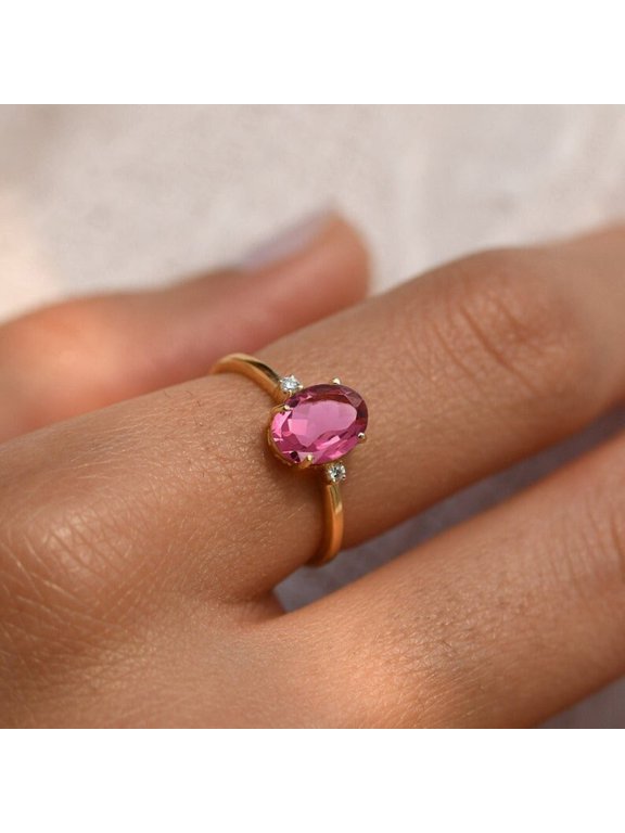 8*10 mm Pink Tourmaline Wedding Ring, 925 Silver Yellow Gold Oval Solitaire Ring, Minimalist Three Stone Ring, October Birthstone, Pink Gemstone Engagement Ring, Summer Jewelry