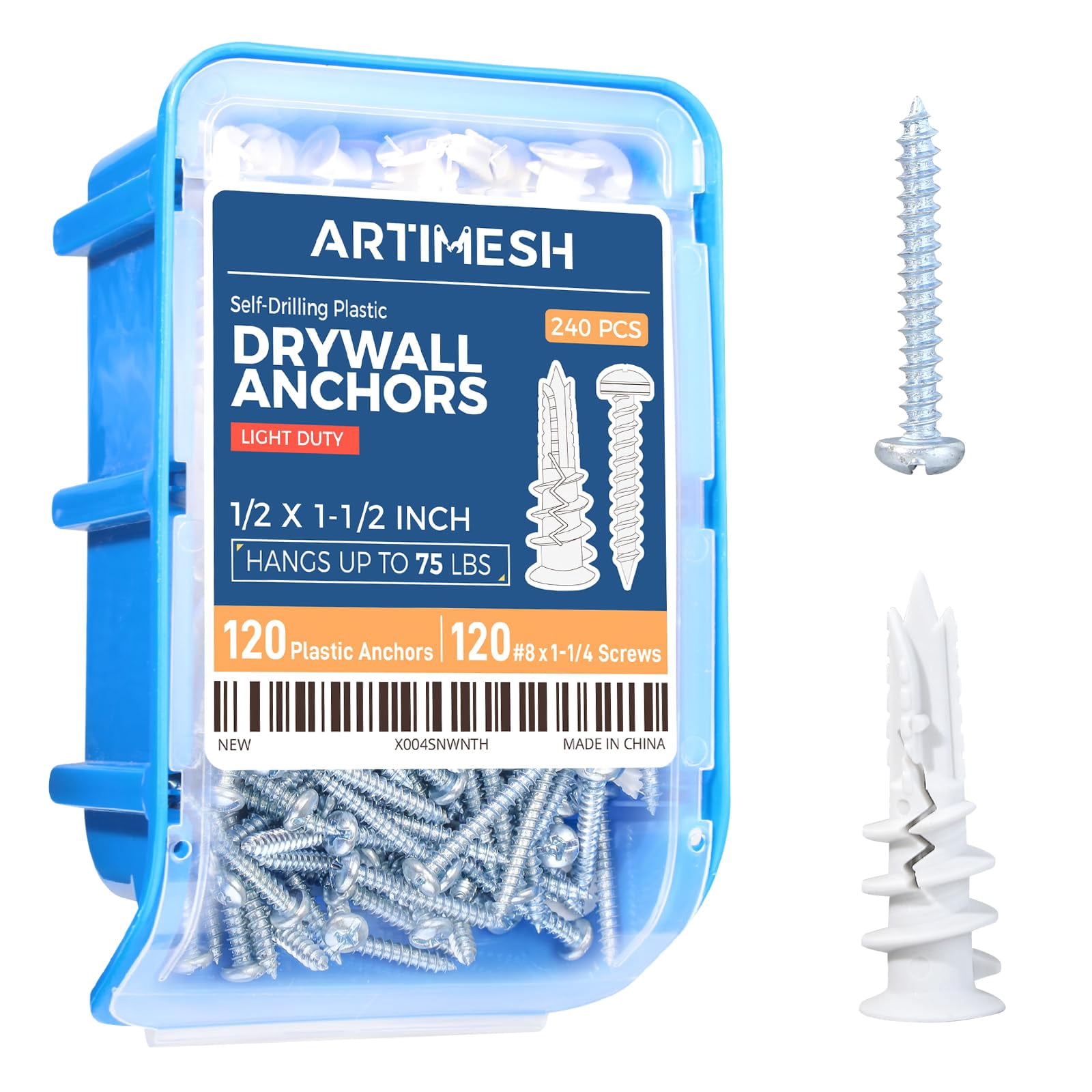 8# 100PCs Self Drilling Drywall Anchors Kit - 75LBs Heavy Duty Plastic Drywall Hangers with 50 Self-Tapping Screws - Mounting Hardware for Sheetrock Anchors