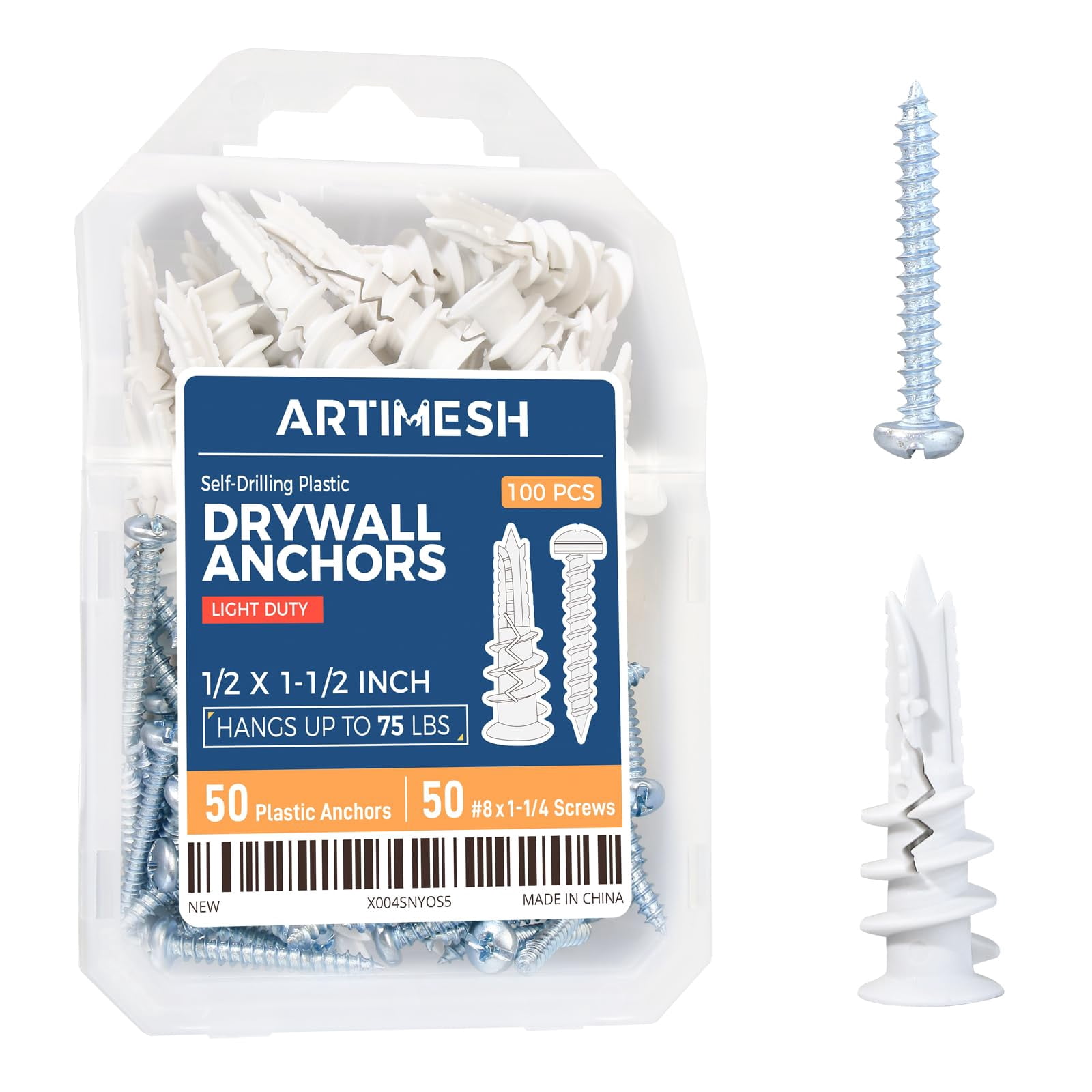 8# 100PCs Self Drilling Drywall Anchors Kit - 75LBs Heavy Duty Plastic Drywall Hangers with 50 Self-Tapping Screws - Mounting Hardware for Sheetrock Anchors