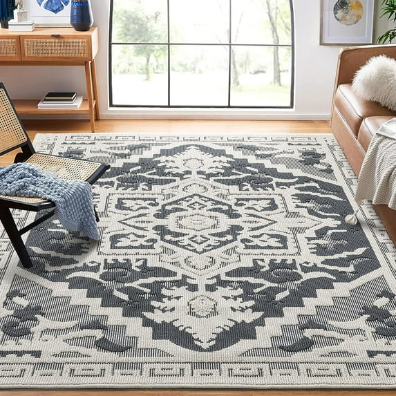 8*10ft Area Rug, Vintage Textured Accent Rug, Non Slip Low Pile Washable Rug, Non-Shedding Carpet, Oriental Floral Rugs for Living Room, Bedroom Decor Door Mat for Kitchen, Bedside, Bathroom