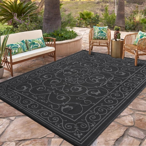 8*10ft Black and Gray Outdoor Rug,Waterproof Reversible Plastic Straw Patio Rug, 326GSM PP Woven Modern European Curly Grass Area Rug, Foldable Camping Mat for RV Deck Backyard Porch