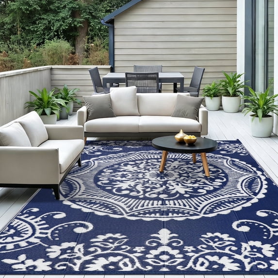 ORGOWEL Outdoor Rug Boho Floral Vintage Plastic Straw Waterproof Reversible Foldable Large Carpet for Patio RV Camping Deck Balcony,Blue,8×10ft