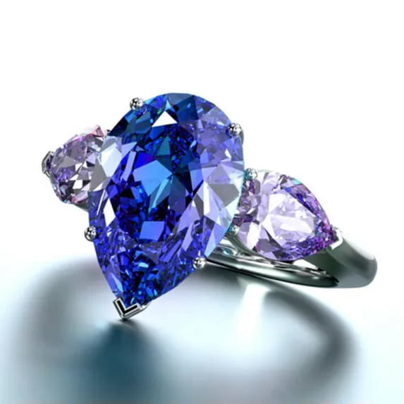 8*10mm Pear Cut Blue AAA Cubic CZ Band Ring Women 925 Silver Purple Ring Sz 6-10