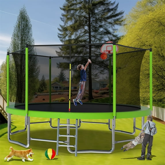 8/12/16FT Outdoor Trampoline with Safety Enclosure for Kids Adults, Recreational Trampoline with Basketball Hoop and Ball, Fitness Sports for Outdoor or Indoor, Green