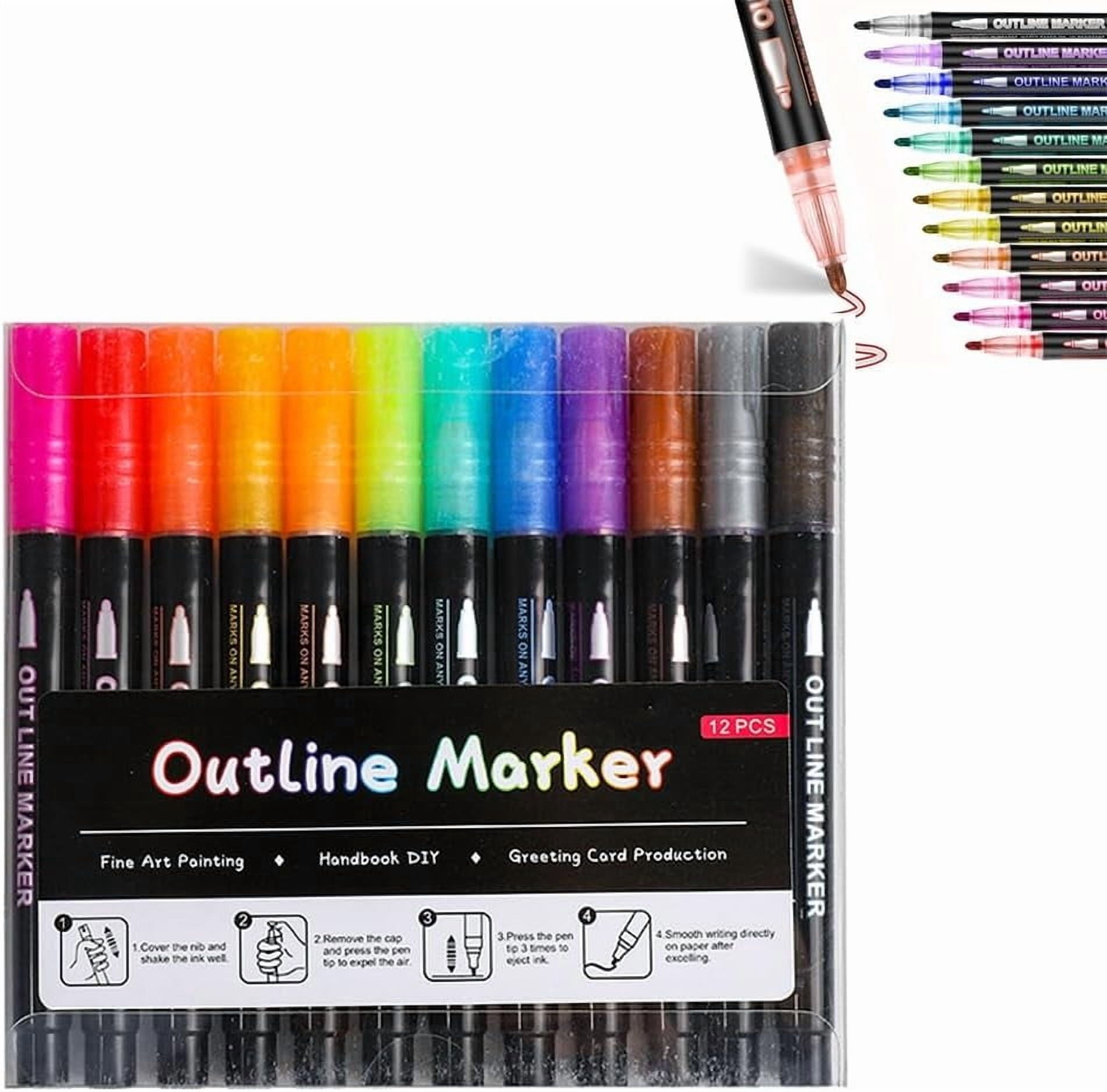 8/12/24/36/48 Colors Double Line Outline Art Pen Marker Pen Metallic Glitter Markers for Adults, Shimmer Dual-Line for Scrapbook Greeting Cards DIY Crafts Christmas Gifts
