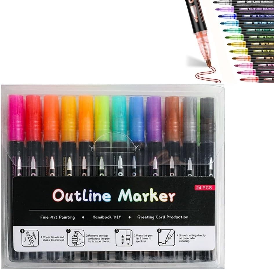 8/12/24/36/48 Colors Double Line Outline Art Pen Marker Pen Metallic Glitter Markers for Adults, Shimmer Dual-Line for Scrapbook Greeting Cards DIY Crafts Christmas Gifts