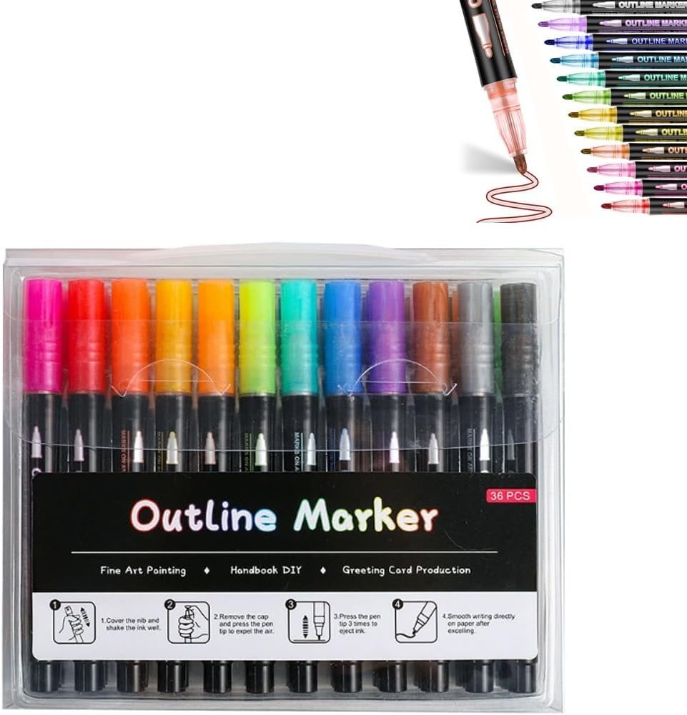 8/12/24/36/48 Colors Double Line Outline Art Pen Marker Pen Metallic Glitter Markers for Adults, Shimmer Dual-Line for Scrapbook Greeting Cards DIY Crafts Christmas Gifts