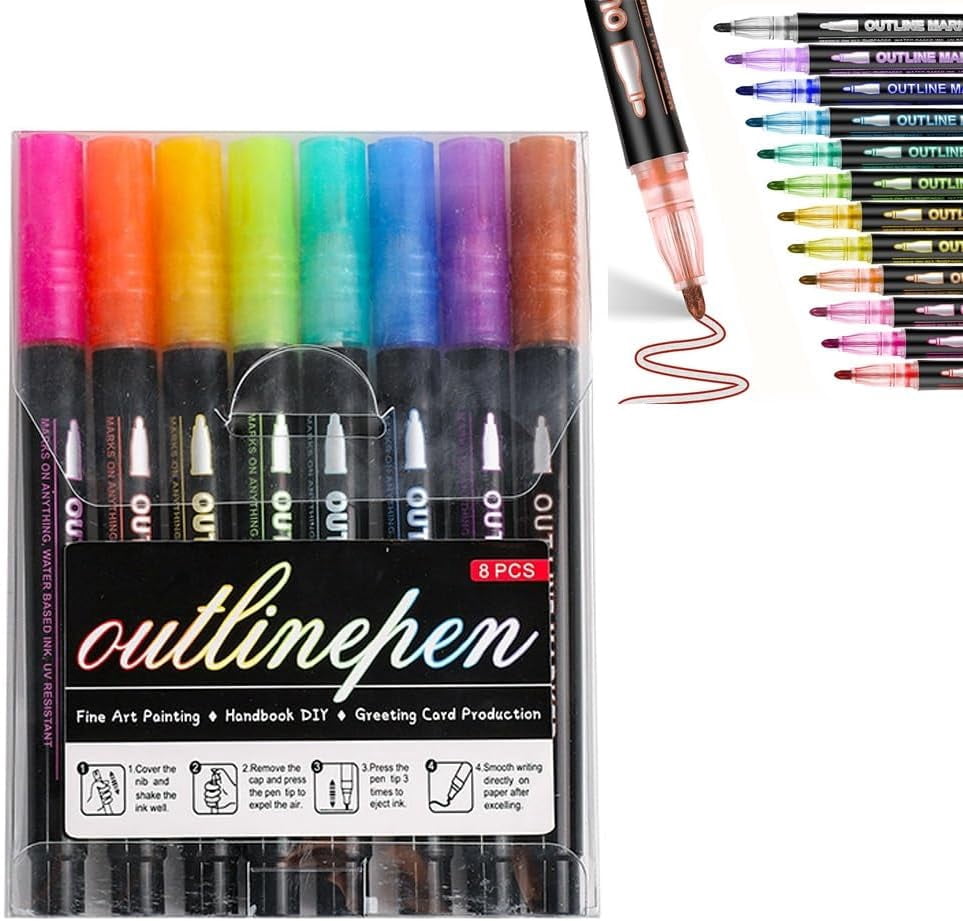 8/12/24/36/48 Colors Double Line Outline Art Pen Marker Pen Metallic Glitter Markers for Adults, Shimmer Dual-Line for Scrapbook Greeting Cards DIY Crafts Christmas Gifts