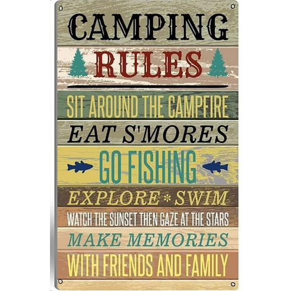 8"×12" Colorful Camping Rules for Campers Farmhouse Camp Gifts Aluminum Tin Sign Metal Wall Art Decorations for Home Decor Room Door Accessories Poster