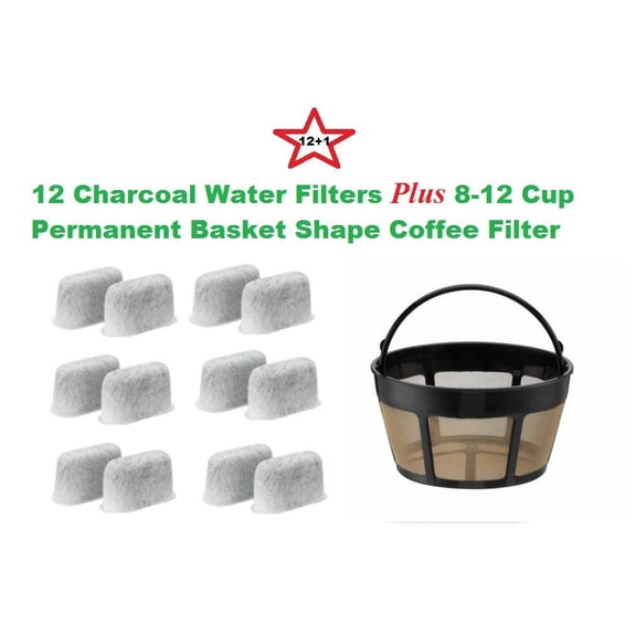 8-12 Cup Basket Shape Permanent Coffee Filter & a set of 12 Charcoal Water Filters for Cuisinart DCC-RWF1 Coffeemakers