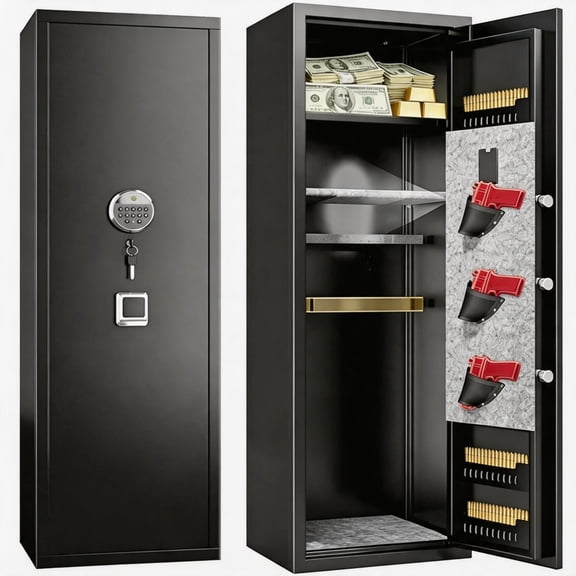 8-12 Gun Safe,Rifle Safe With Biometric Gun Safe,Heat-Resistant Heavy Duty Gun Safes,Large Safe No Assembly Required, Security Safe for Home with Adjustable Shelves,Black (57.09×13.7×11.81 inch)