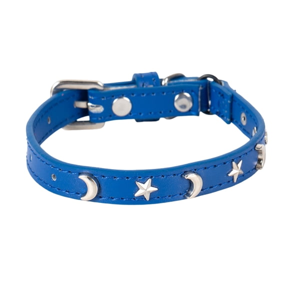 8-12 Inch Star Moon Cat Collar, Adjustable Safety Buckle with Elastic Stretch Band, Soft Leather Studded Kitty Collar for Boy Girl Small Large Cats, Blue Pet Collar Decor