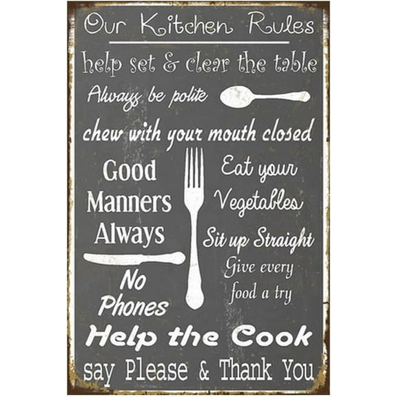 8"×12" Kitchen Tin Sign Metal Poster Vintage Wall Art Décor, Our Kitchen Rules Fork Spoon, Funny Decorations for Home Dining Room Farmhouse Cooking Plaque