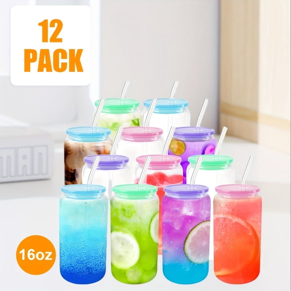 8/12-Pack 16oz Frosted Sublimation Glass Cups Blanks, Borosilicate Can Tumblers with Acrylic Lids, Perfect for Iced Coffee, Juice & Soda