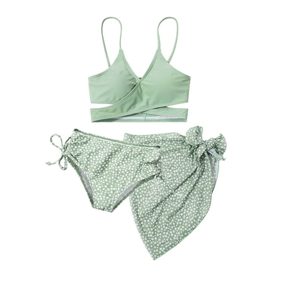 8-12T Little Girl's 3 Pieces Bikini Kids Wrap Criss Cross Swimsuit Print Swimwear with Cover Up Beach Skirt