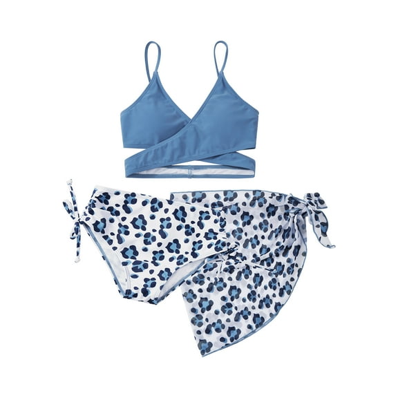 8-12T Little Girl's 3 Pieces Bikini Kids Wrap Criss Cross Swimsuit Print Swimwear with Cover Up Beach Skirt
