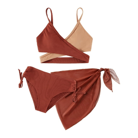 8-12T Little Girl's 3 Pieces Bikini Kids Wrap Criss Cross Swimsuit Print Swimwear with Cover Up Beach Skirt