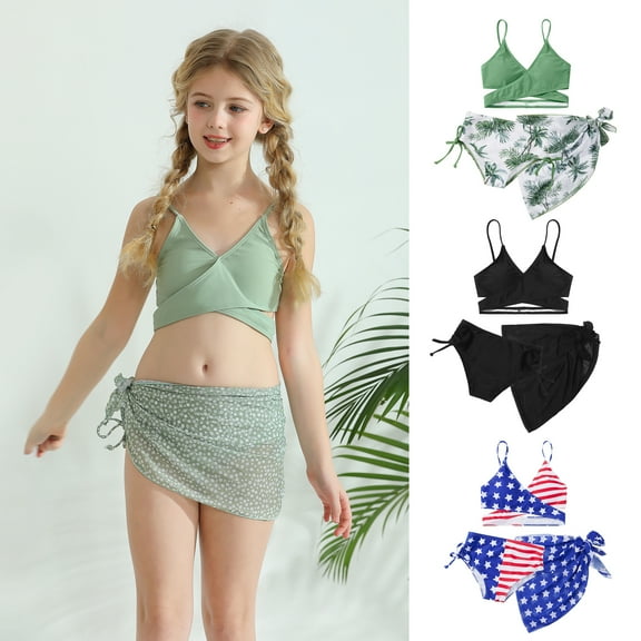8-12T Little Girl's 3 Pieces Bikini Kids Wrap Criss Cross Swimsuit Print Swimwear with Cover Up Beach Skirt