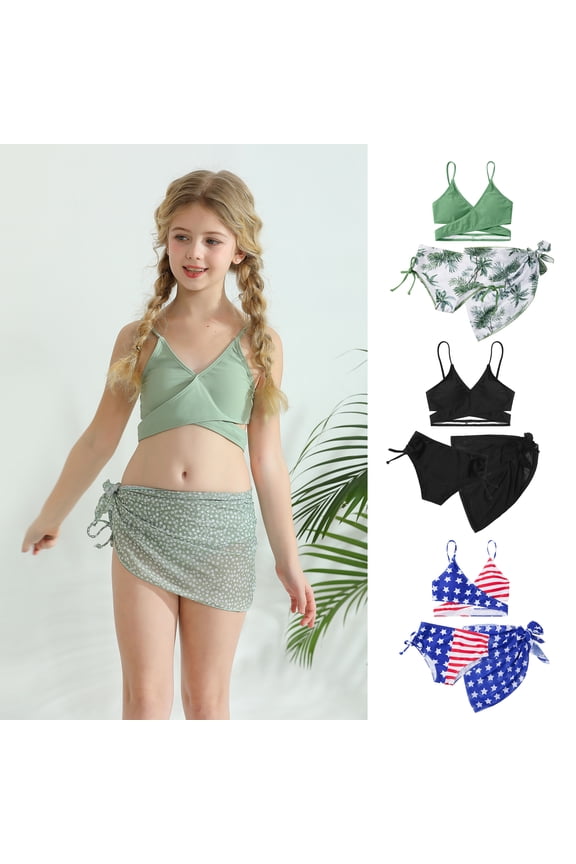 8-12T Little Girl's 3 Pieces Bikini Kids Wrap Criss Cross Swimsuit Print Swimwear with Cover Up Beach Skirt
