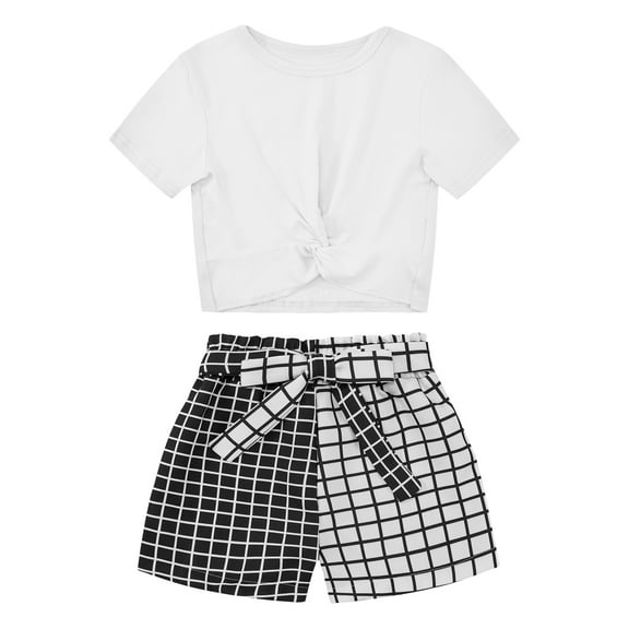 8-12T SILVERCELL Girl's Summer 2 Piece Twist Front Crop Tops with Bow Belted Short Set