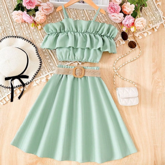 8-12Y Children Summer Clothes For Girls Off-Shoulder Camisole Top+Belted Pleated Skirt 3pcs Kids Girls Outfit Sets With Skirts