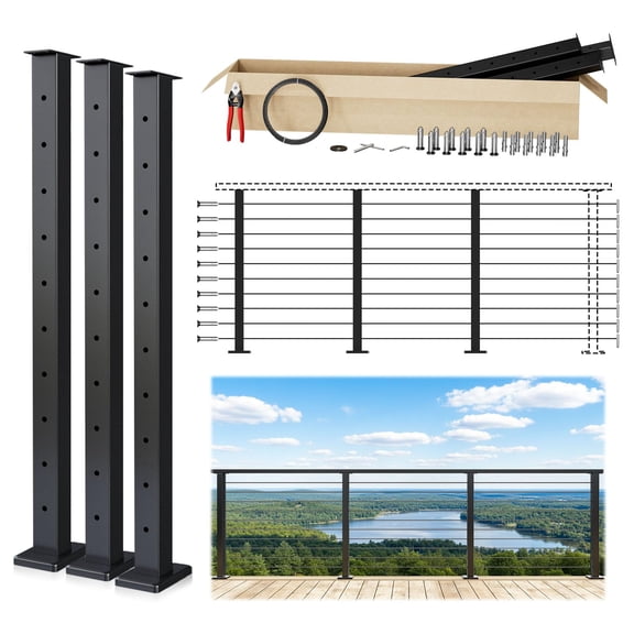 8-12ft Modular Black Cable Railing Kit 36 Inch 3 Levelplete Set System For Decks Length Adjustable Easy Diy With Paperer Guide (no Handrail) Rw17